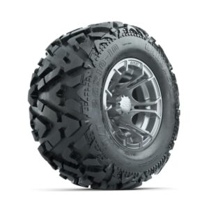 GTW Spyder Silver Brush 10 in Wheels with 20×10-10 Barrage Mud Tires – Full Set