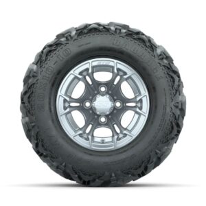 GTW Spyder Silver Brush 10 in Wheels with 20×10-10 Barrage Mud Tires – Full Set