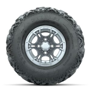 GTW Spyder Silver Brush 10 in Wheels with 22×10-10 Barrage Mud Tires – Full Set
